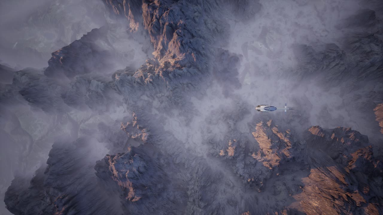 Top Down View Of Modern Helicopter Flying Through Foggy Mountain Canyons