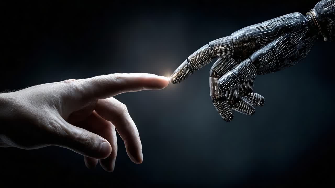 A Fascinating Encounter Between Humanity and Technology: The Moment of Connection Between a Human Hand and a Robotic Hand Illuminated by a Glowing Light