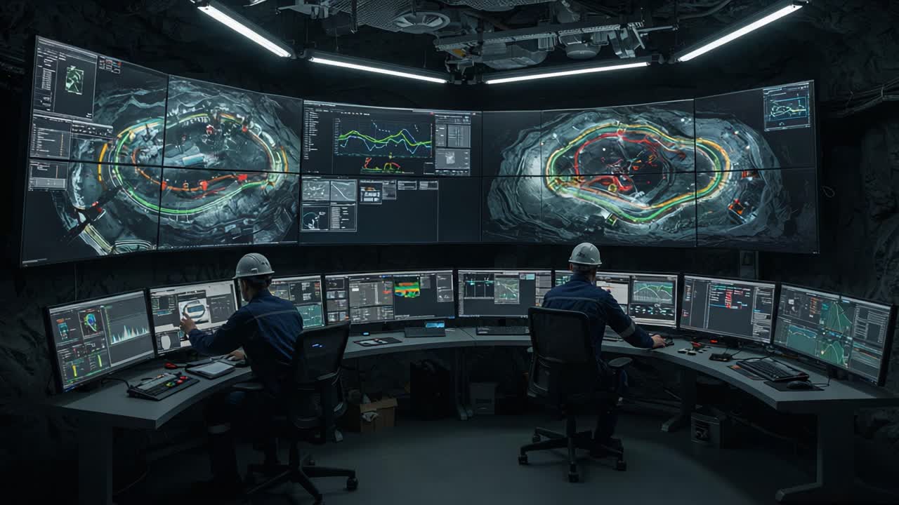 Advanced Control Room with High-Tech Monitors Displays for Real-Time Data Analysis in a Mining or Industrial Environment