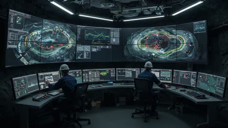 advanced control room with high-tech monitors displays for real-time data analysis in a mining or industrial environment