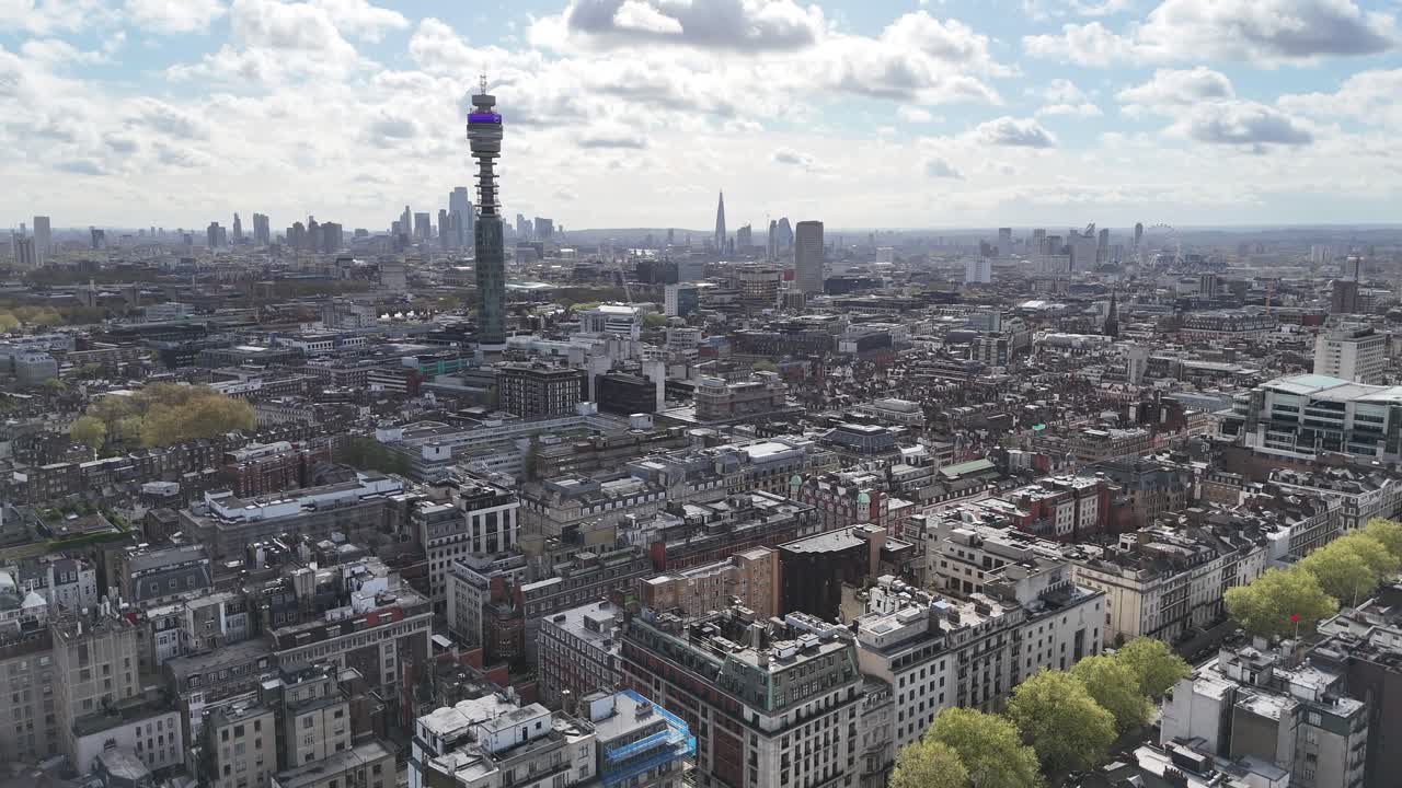 Panning drone aerial London skyline and BT tower