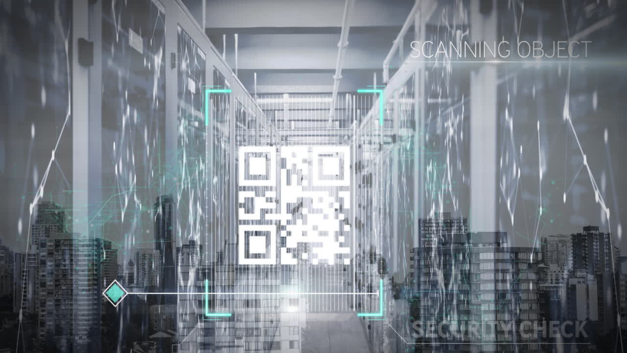 escáner de código qr sobre la sala de servidores contra el paisaje urbano