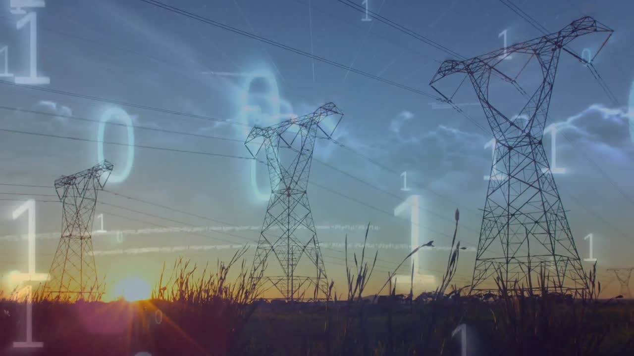 Animation of data processing and binary coding over landscape with electricity pylons