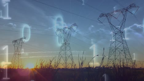 Animation-of-data-processing-and-binary-coding-over-landscape-with-electricity-pylons