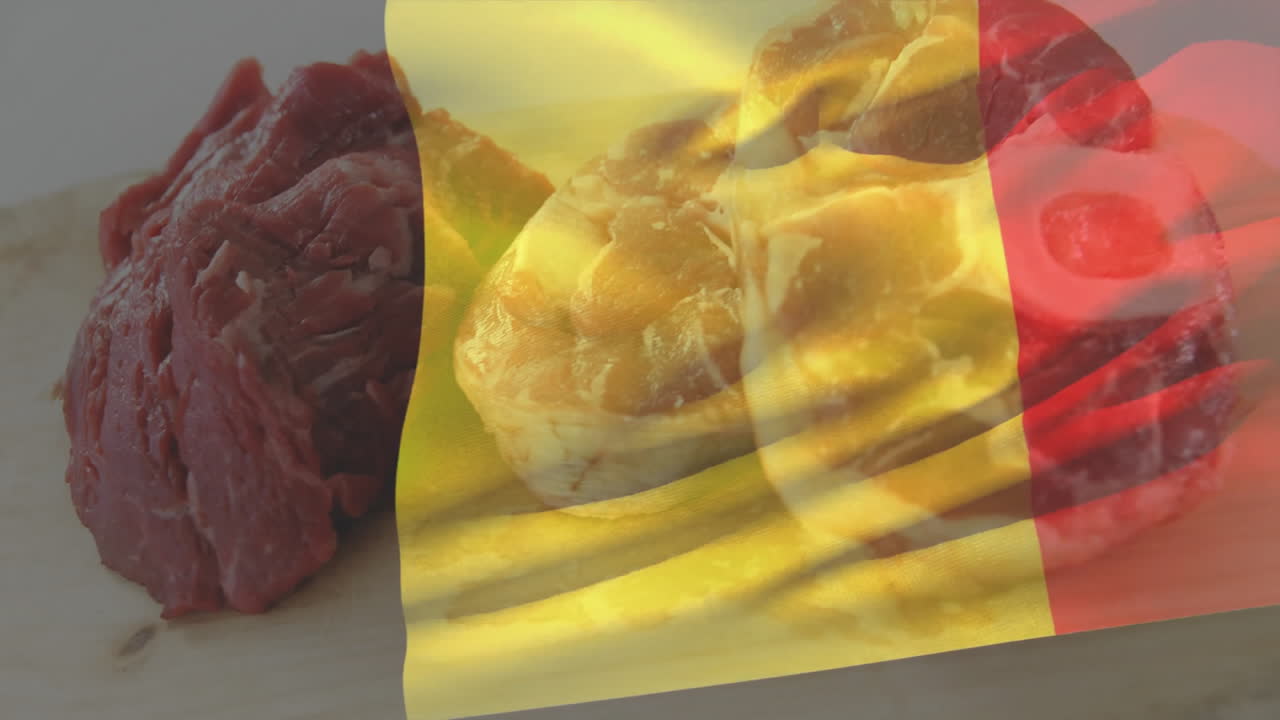 Belgian flag colors overlaying raw meat and bone slices in artistic animation