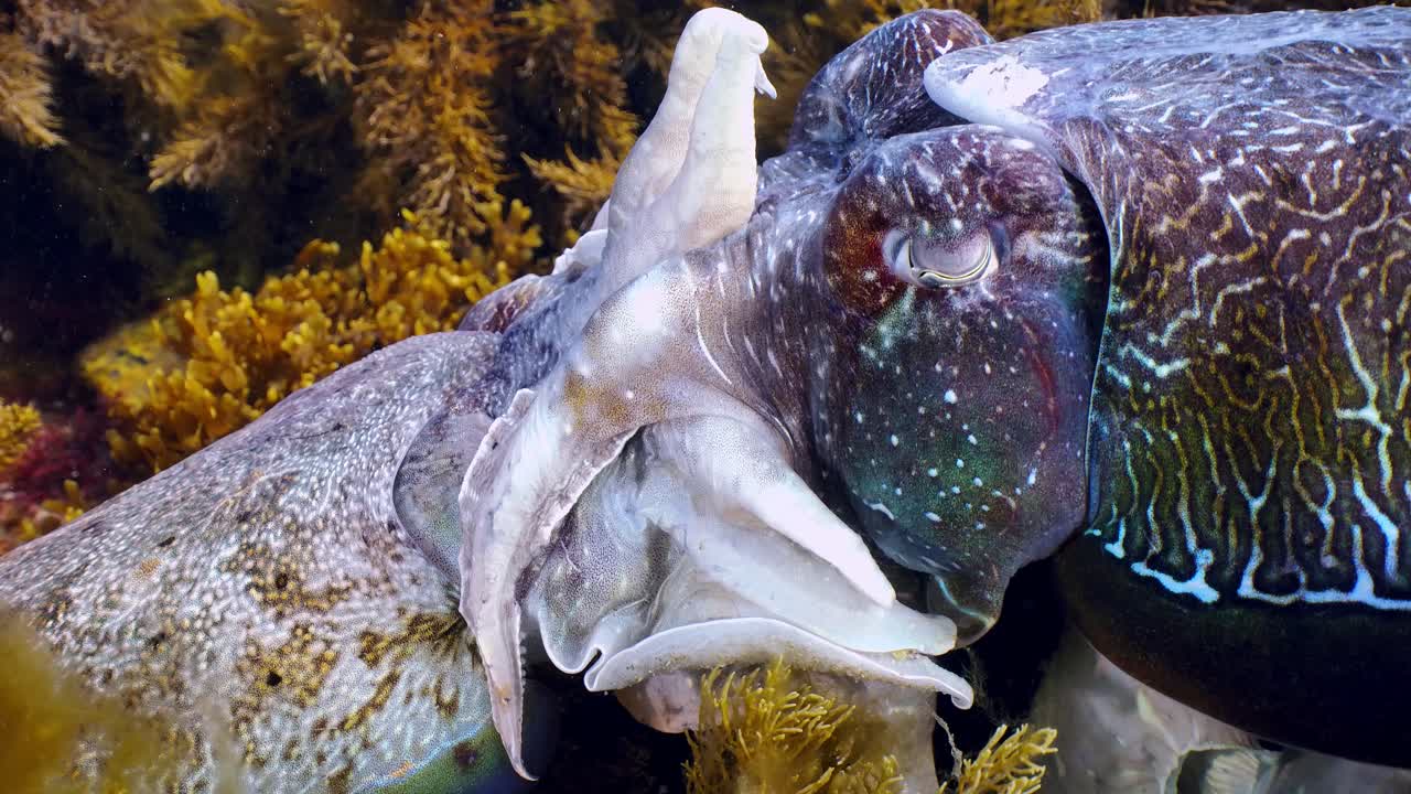 sepia gigante australiana sepia apama migración whyalla sur de australia 4k cámara lenta, apareamiento, puesta de huevos, lucha, agregación, bajo el agua