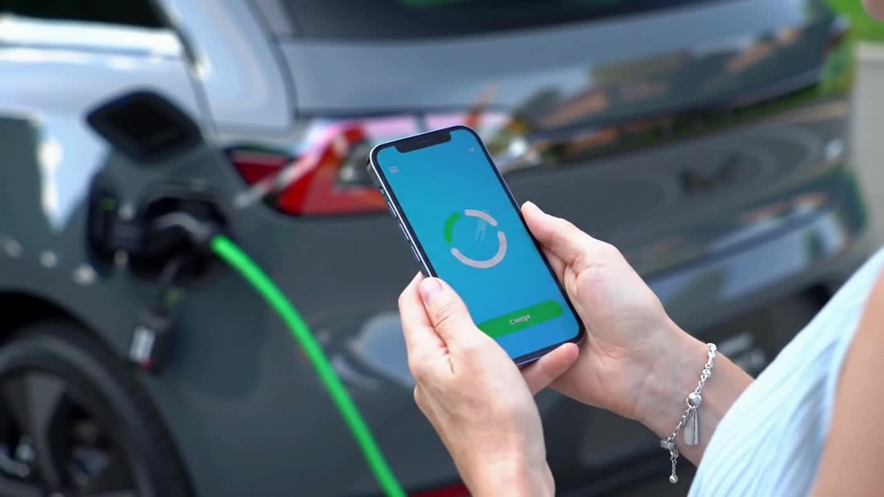 Woman Using a Smartphone App to Monitor Her Electric Car's Charging Progress