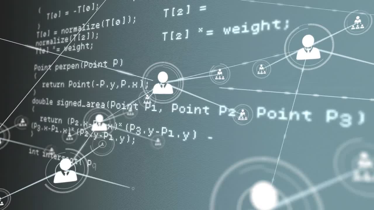 회색 배경에 컴퓨터 언어를 루핑하는 선으로 연결된 아이콘의 애니메이션