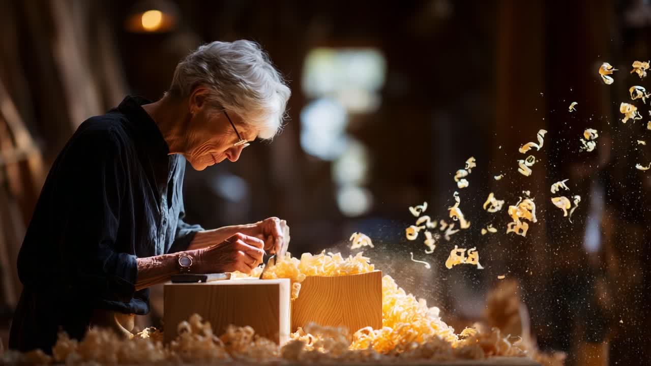 A Skilled Artisan Engaged in Woodworking, Crafting Beautiful Curves with Precision Tools, Surrounded by Shavings in a Warm, Inviting Workshop Environment