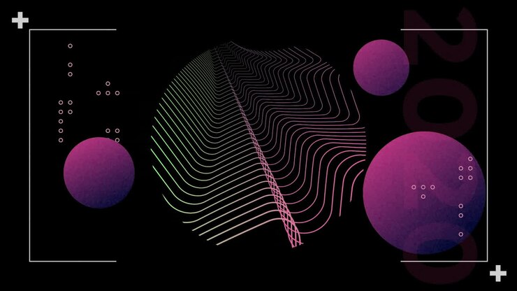 Animation of colourful curved lines and purple spheres on black