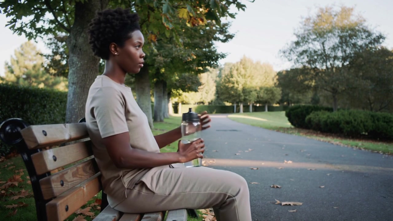 Femme penchée en avant en tenue beige, se levant d'un banc de parc, regardant un chemin pavé, tenant une bouteille.