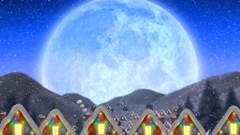 Animation-Von-Schnee,-Der-über-Schneebedeckte-Häuser-Fällt,-Die-Mit-Weihnachtslichtern-Und-Mond-Geschmückt-Sind