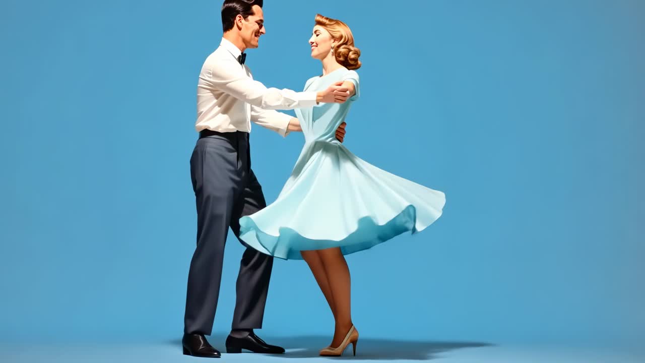 Retro-style video scene of a couple dancing energetically. Captured from a low angle