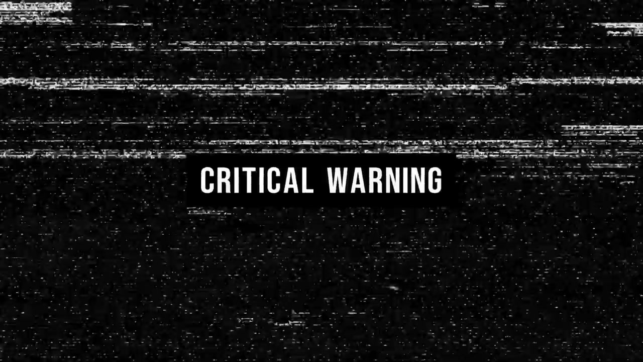Critical Warning Text Overlay with Digital Glitch Effect