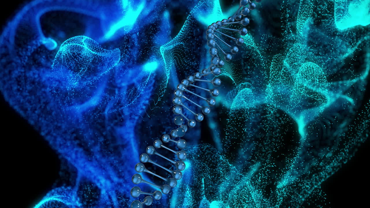 Animation of dna strand and glowing mesh with network of connections