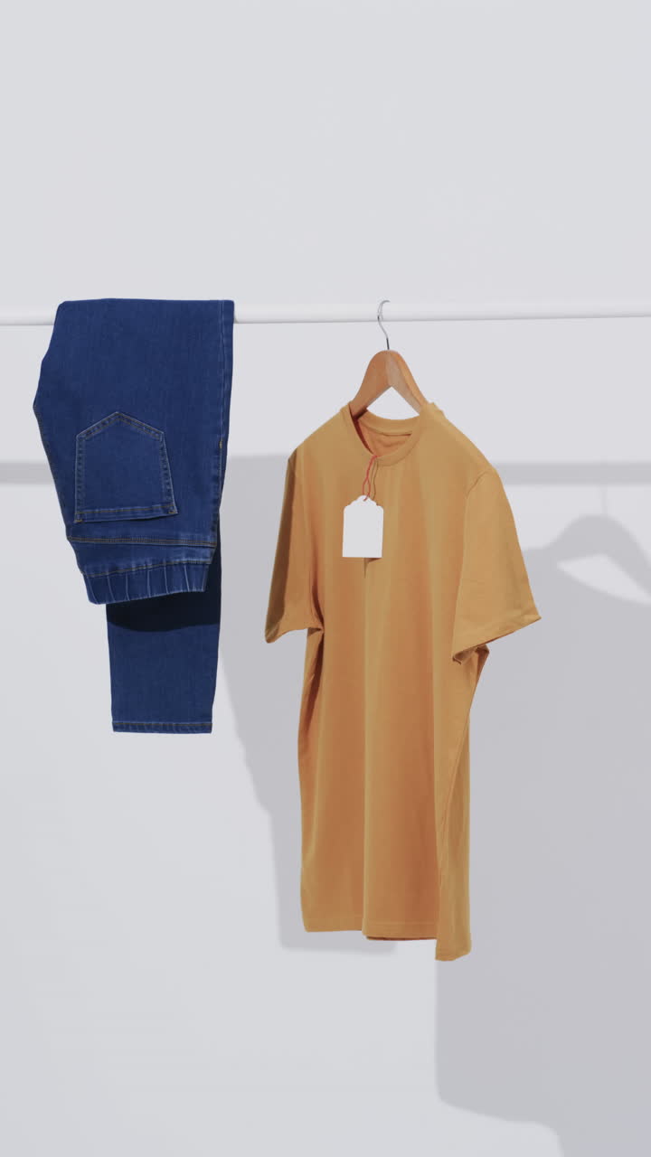 Vertical video of denim jeans and yellow t shirt on hanger and copy space on white background