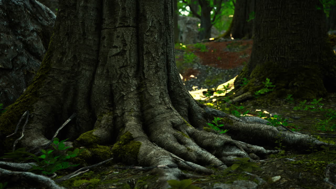tree roots with green moss at spring