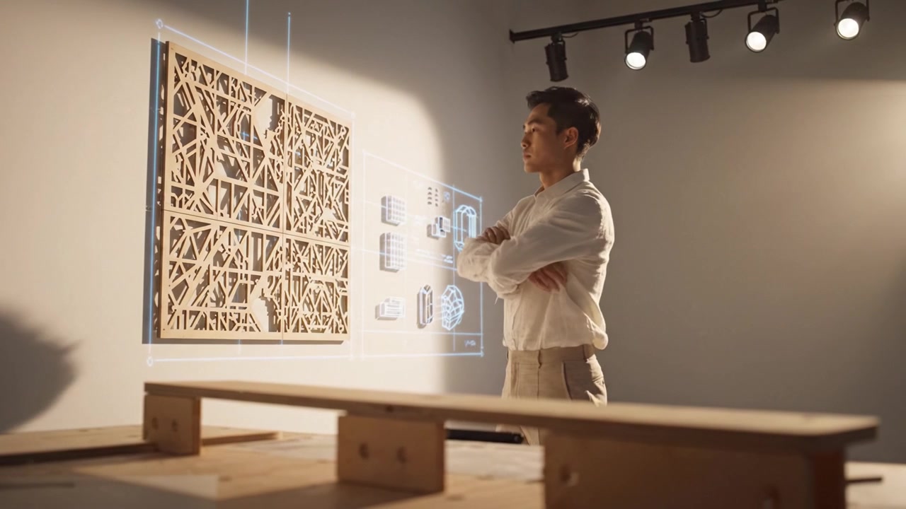 Esplorazione del design: un artigiano analizza intricati motivi in legno proiettati su una parete in un ambiente di laboratorio moderno, fondendo arte e tecnologia senza soluzione di continuità.