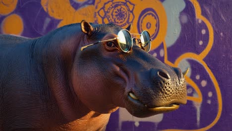 cool hippopotamus wearing sunglasses against a graffiti wall