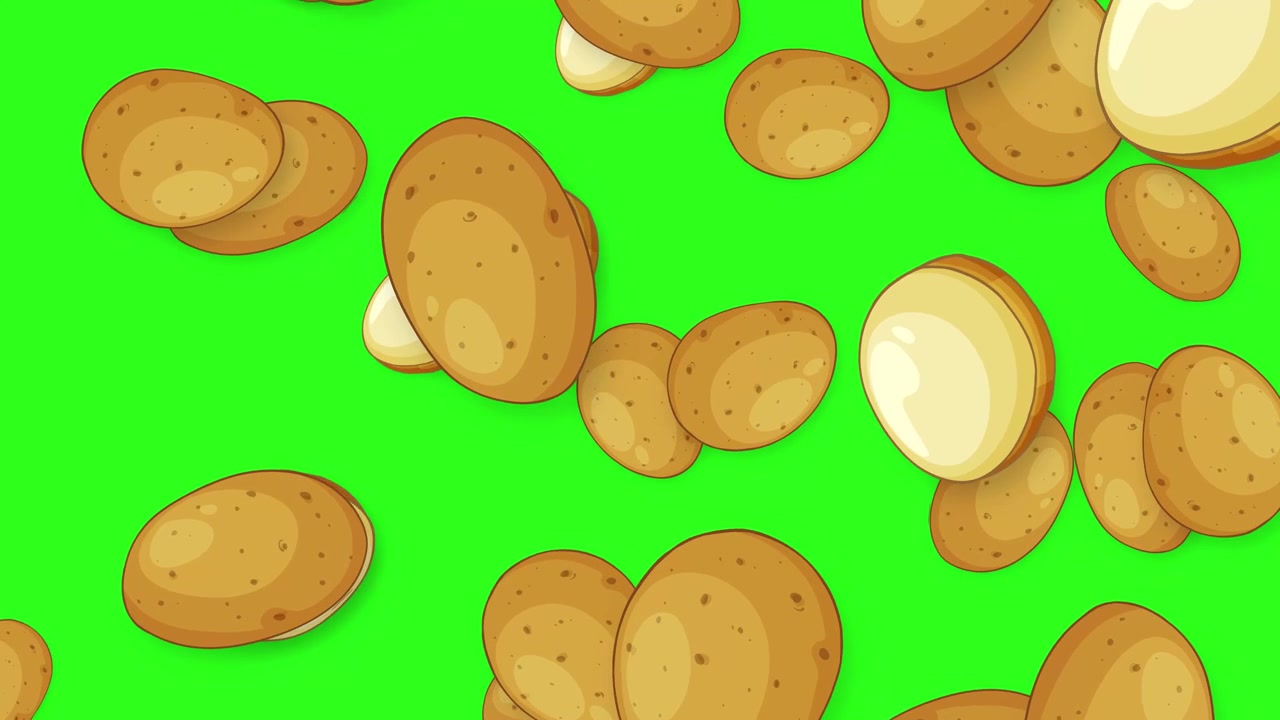 Animated whole and sliced potatoes fall vertically against a bright green screen background.