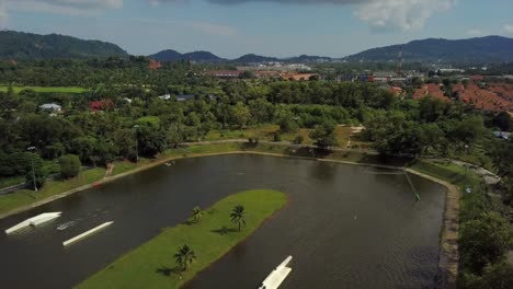 sunny day phuket island famous wake park aerial panorama 4k thailand