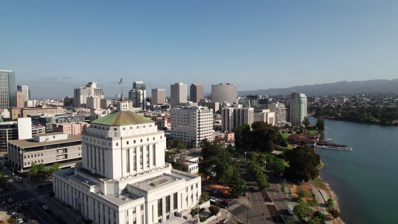 Downtown Oakland skyline, drone panorama, 4K