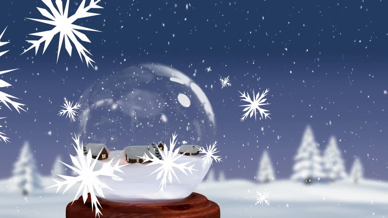 animación de navidad decoración de globo de nieve en el fondo del paisaje de invierno