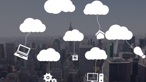 animación de nubes digitales con iconos sobre el paisaje