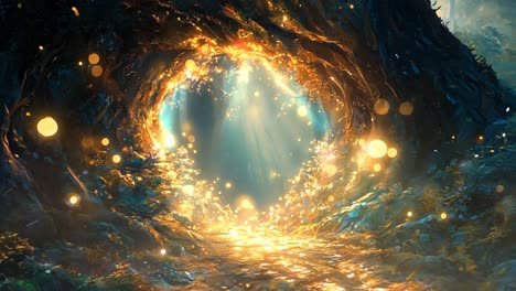 A tunnel in the middle of a forest filled with fireflies