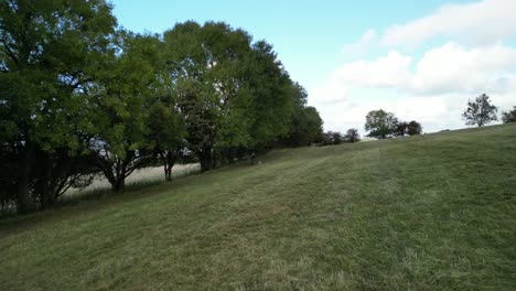 Aerial-view-of-an-unrecognisable-women-walking-a-dog,-pull-back-low-reveal-of-the-surrounding-English-countryside-with-copy-space