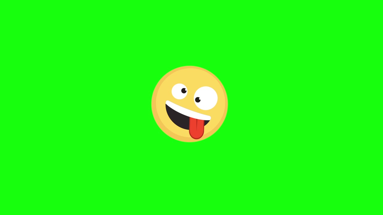 Emoji animata buffa con occhi pazzi e lingua di fuori su schermo verde
