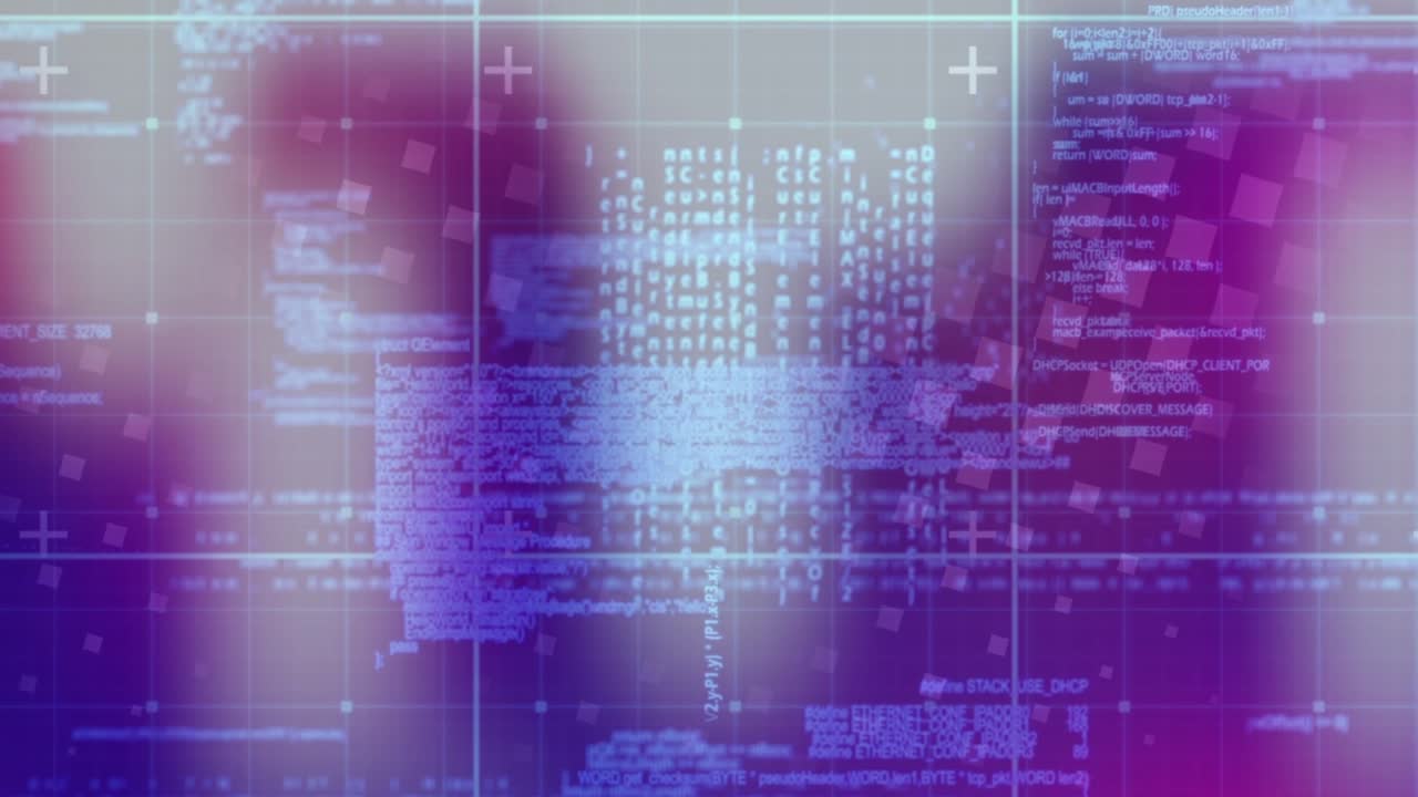 Animation of glowing data processing with markers over grid
