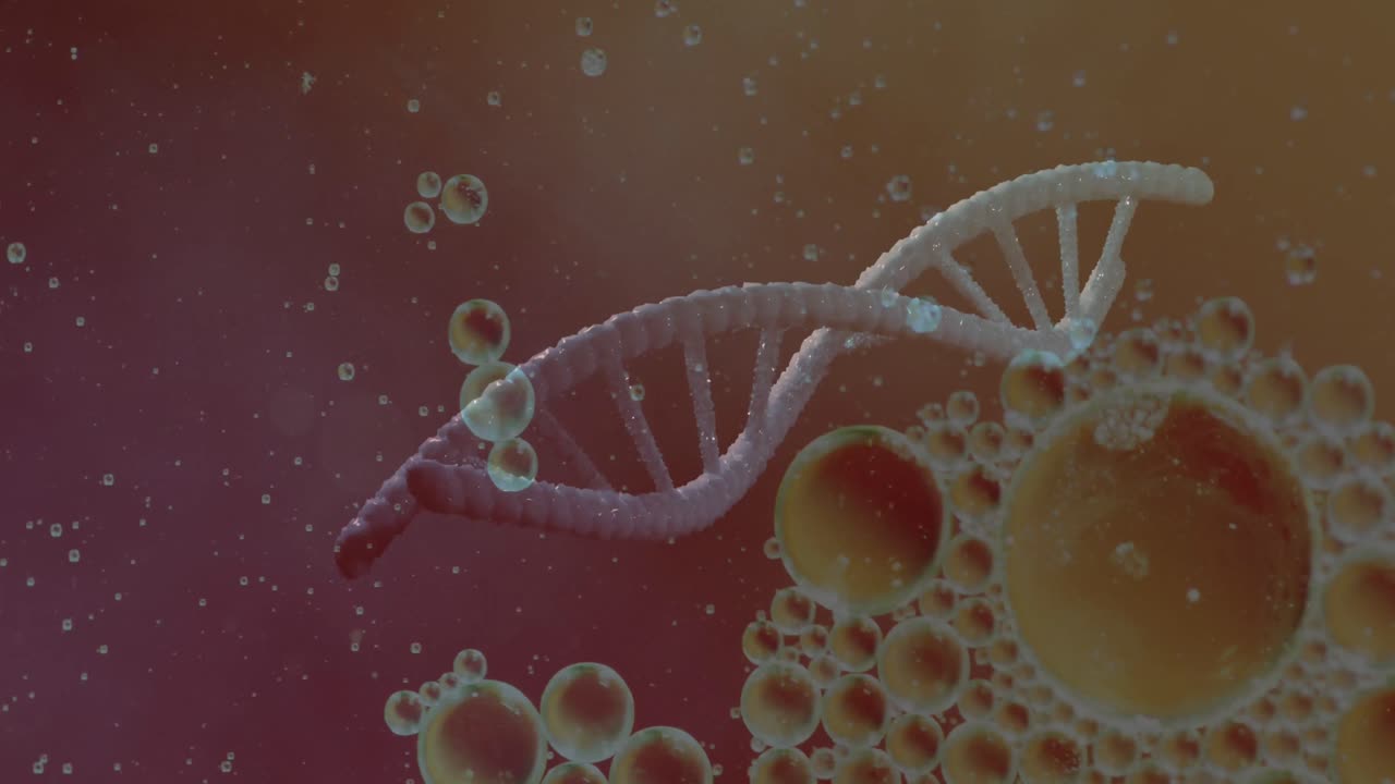 animación de burbujas sobre cadena de adn y fórmula química en fondo púrpura.