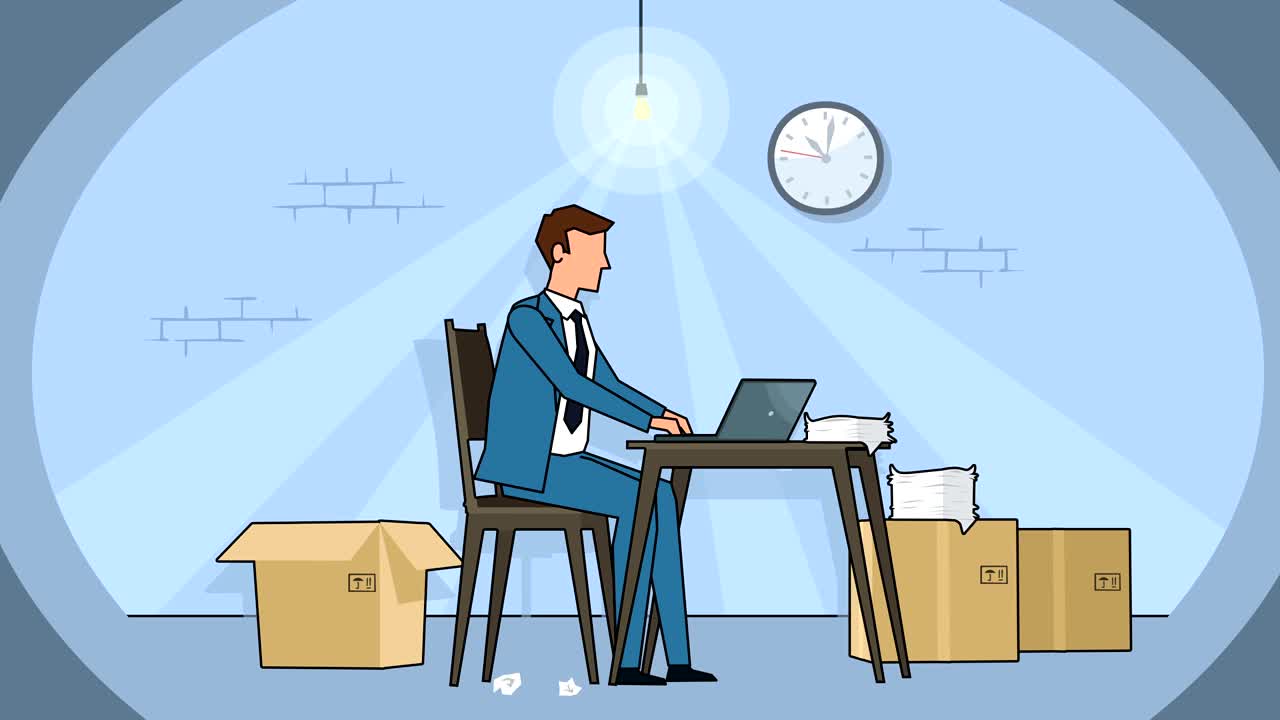 Flat cartoon businessman character working on laptop in poor basement workplace animation