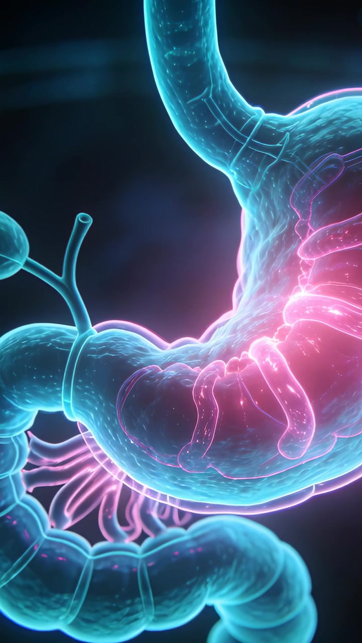 Vertical video: Animating stomach intestine and duct pulsing in dark view render starting pink glow
