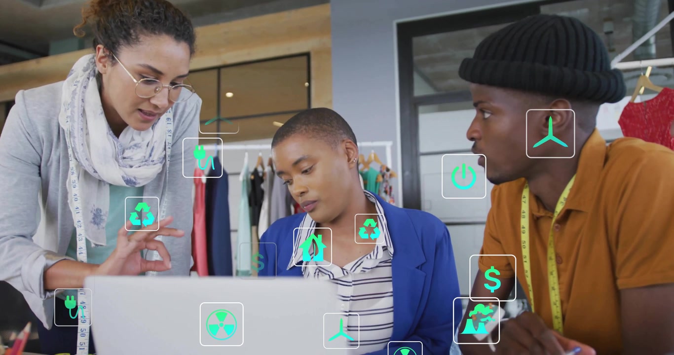 Woman pointing laptop screen and initiating eco icons floating around model in design collaboration