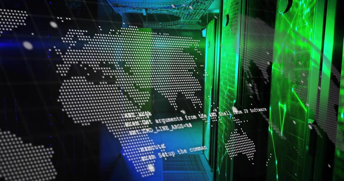 On start dotted world map fading in over server racks, code scrolling visualizing global data flow