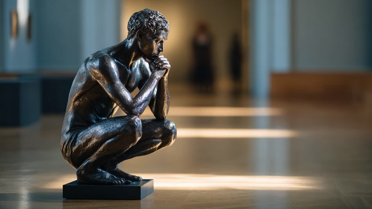 A Thoughtful Bronze Sculpture Capturing Human Contemplation on Display in a Gallery Amidst Soft Natural Light and Art Enthusiasts Exploring Around It