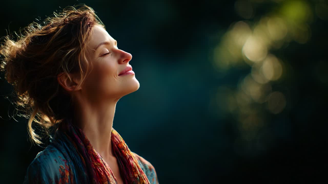 A Serene Moment: A Woman Enjoying Nature's Embrace with Eyes Closed and a Content Smile, Highlighting the Beauty of Inner Peace and Joy in an Enchanting Soft Focus Background