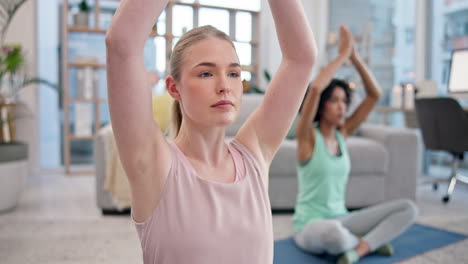 Yoga,-Ejercicios-De-Respiración-Y-Mujeres-En-Casa.