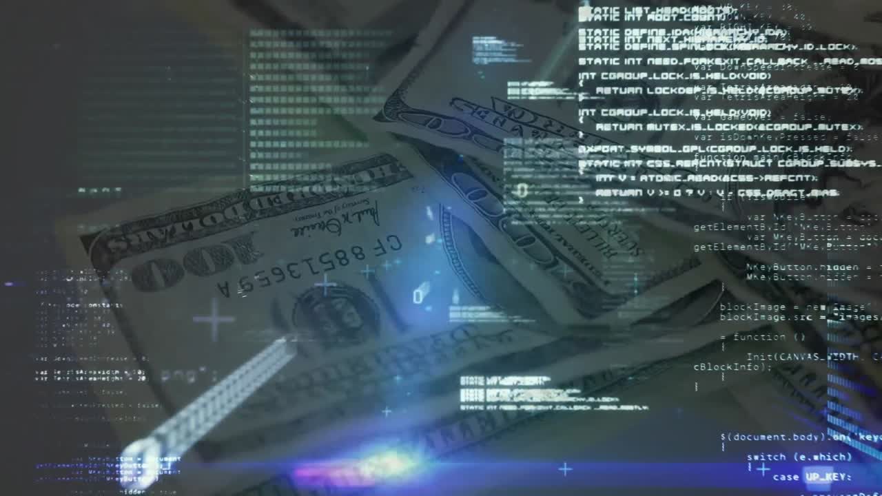 Animation of data processing over american dollar banknotes