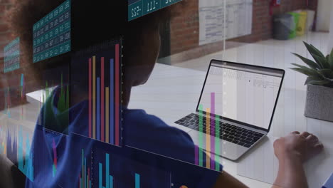 working on laptop at desk, person analyzing colorful bar graphs and animation charts