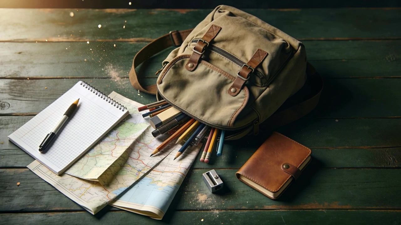 Window light causing dust motes floating across dark desk, khaki backpack with pencils, notepad
