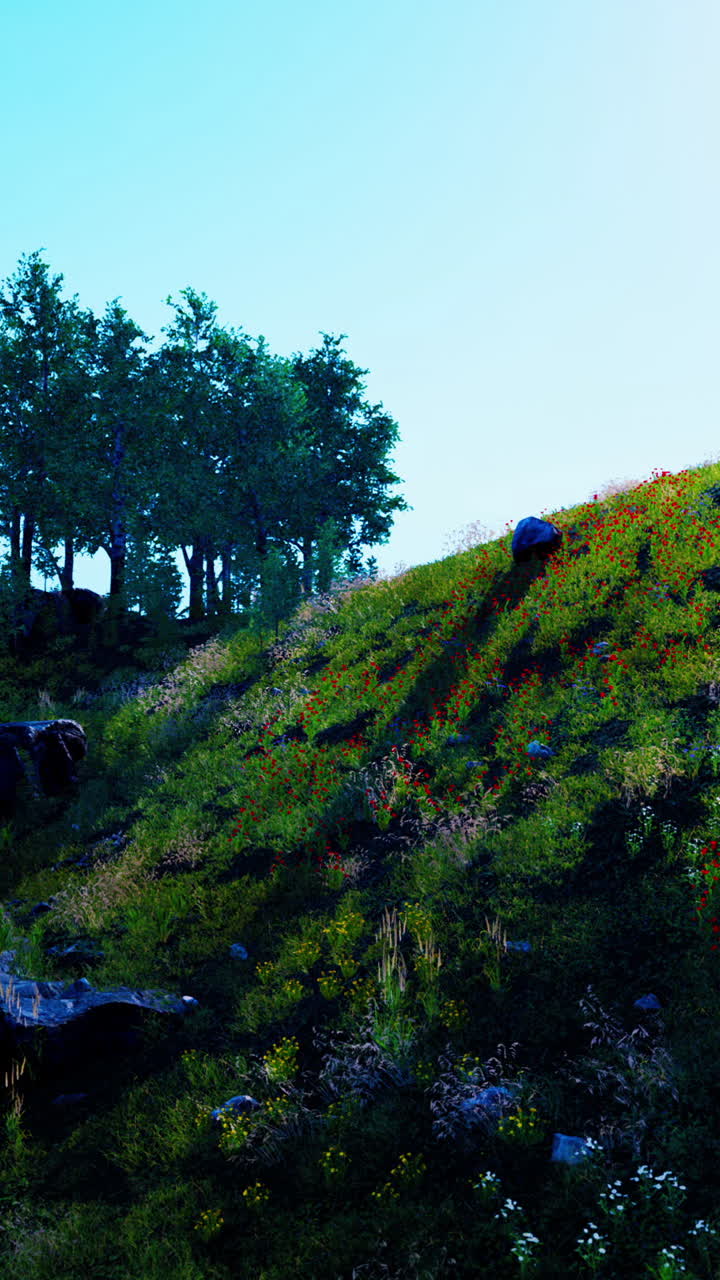 una colina verde con flores rojas y árboles bajo un cielo azul