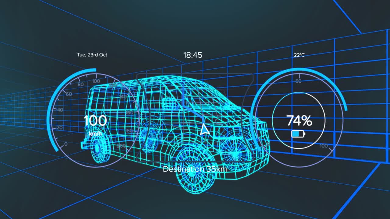 Startup wireframe van HUD 22°C 35 km causing speed gauge animating speed shifts visualizing speed