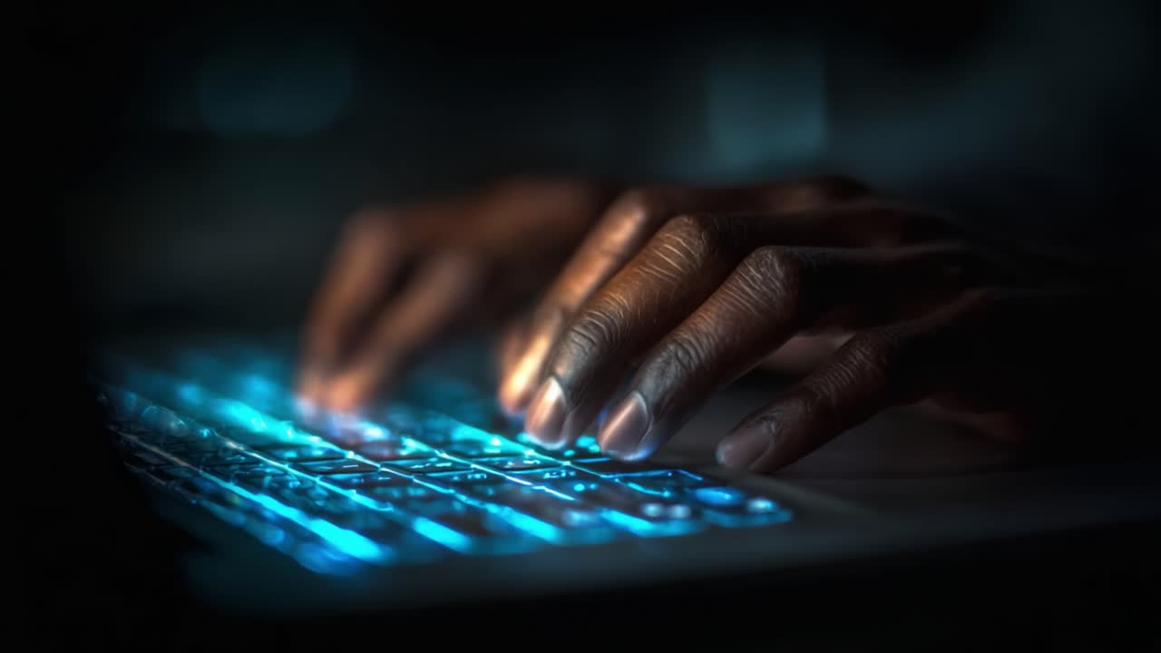 An Artistic Representation of Hands Typing on a Glowing Keyboard in a Dimly Lit Environment, Highlighting the Interaction with Technology and Digital Communication