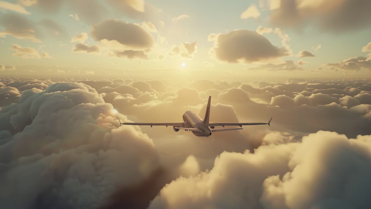 Aerial view of an airplane soaring above fluffy clouds at sunset, capturing a serene and cinematic
