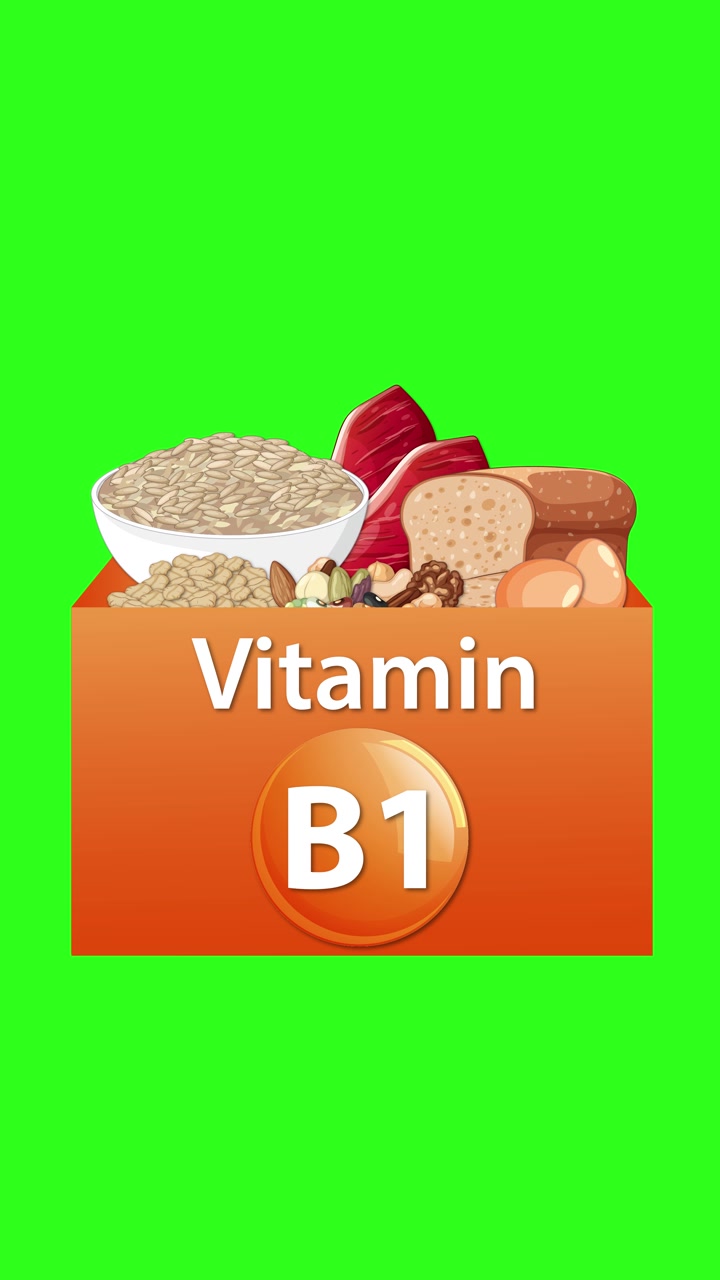 Una scatola arancione di vitamina B1 si riempie di cereali, pane, uova, noci e verdure su uno sfondo verde.