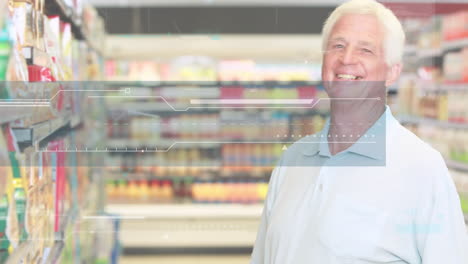 animation of interface with data processing against caucasian senior man smiing at supermarket store