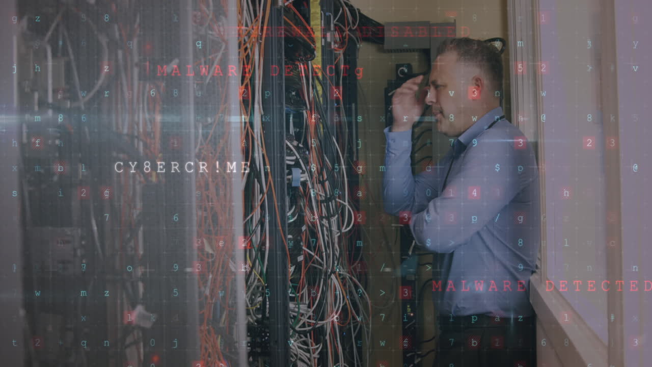 animación del procesamiento de datos con advertencia de ataques cibernéticos sobre técnicos y servidores informáticos